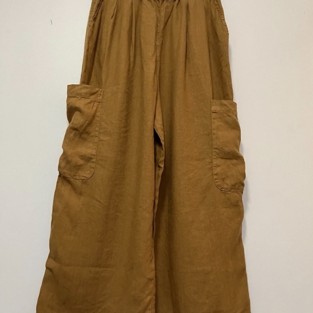 TOAST Linen Trousers S High Waist Ochre Mustard Wide Leg Pouch Pockets
Cropped